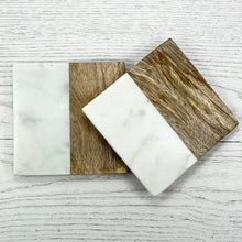 Load image into Gallery viewer, Marble &amp; Natural Wood Square Coaster Set