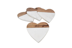 Heart Shaped Marble & Natural Wood Coaster Set